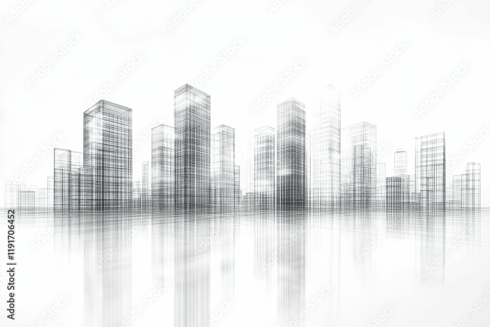 Fototapeta premium Wireframe cityscape reflected in water.