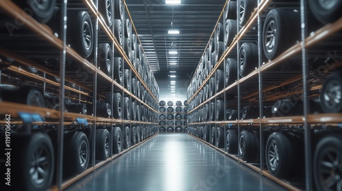 Endless Rows of Tires in a Warehouse: A 3D Render of a Tire Storage Facility photo