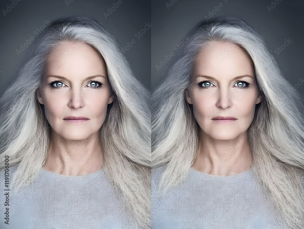 Woman with Long Gray Hair Poses for Before and After Photo Shoot in Studio Woman with Long Gray Hair Poses for Before and After Photo Shoot in Studio