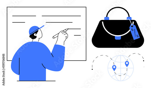 Person writing on a board, handbag with a tag, and a globe with location markers. Ideal for logistics, supply chain, e-commerce, strategic planning, global business, retail management online