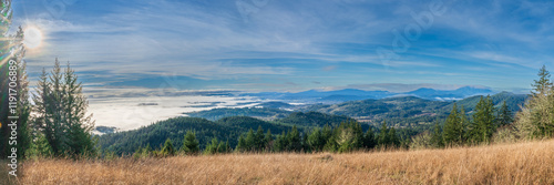 View of the Willamette Valley filled with fog and Marys Peak, as seen from Dimple Hill.  Corvallis, Oregon