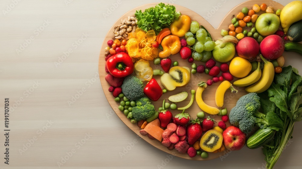 A Heart-Shaped Arrangement of Colorful Fruits and Vegetables: A Vibrant Display of Healthy Eating A Heart-Shaped Arrangement of Colorful Fruits and Vegetables: A Vibrant Display of Healthy Eating