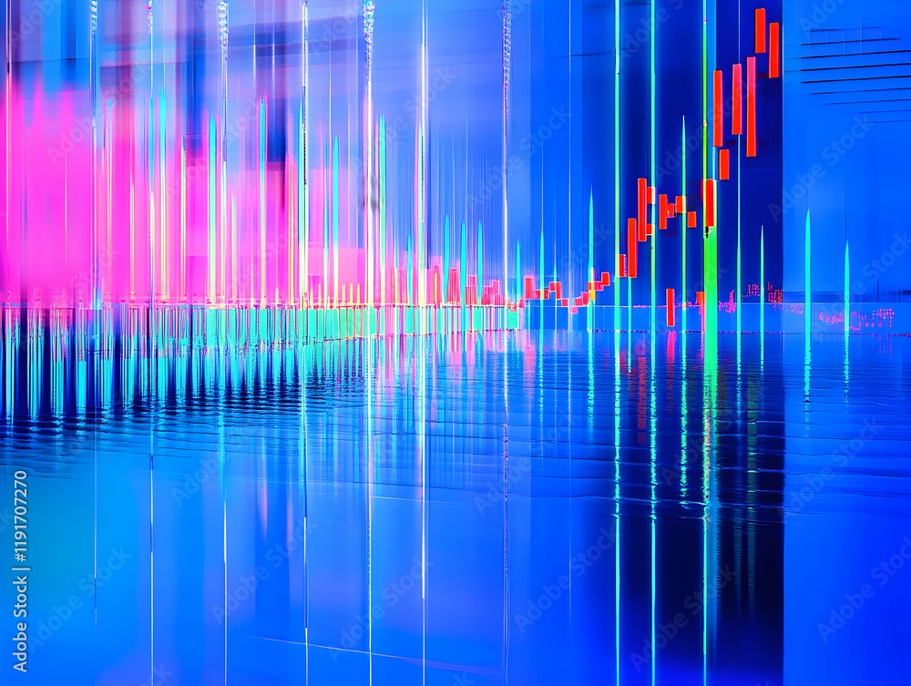 Abstract Background with Colorful Vertical Lines and Glowing Chart Reflecting on Water Surface Abstract Background with Colorful Vertical Lines and Glowing Chart Reflecting on Water Surface
