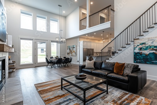 Modern Utah home with white walls, dark wood floors, open-concept living area, black leather couches, and large windows for natural light.