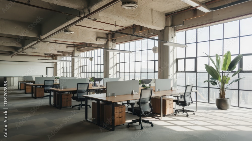 Spacious modern office environment featuring sleek desks and large windows that create a bright and airy atmosphere. Spacious modern office environment featuring sleek desks and large windows that create a bright and airy atmosphere.