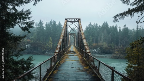 A suspension bridge in disrepair rusty background  photo