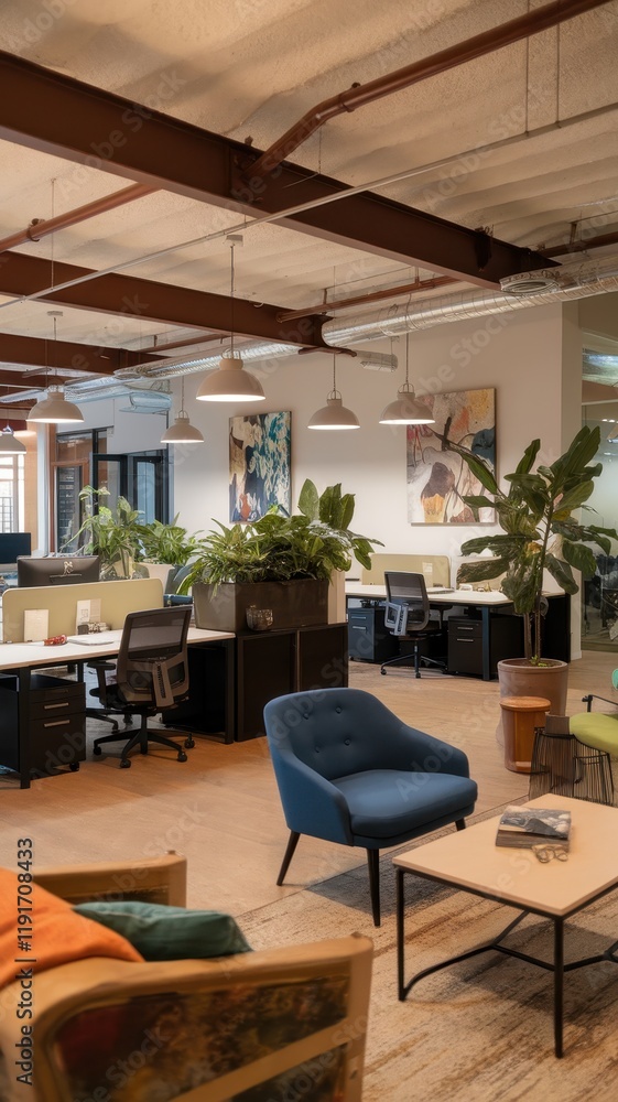 Modern office interior featuring a mix of blue and green furnishings, with lush plants and artistic decor, creating a vibrant and inviting workspace. Modern office interior featuring a mix of blue and green furnishings, with lush plants and artistic decor, creating a vibrant and inviting workspace.
