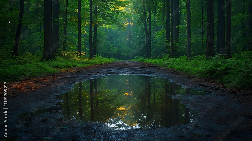 Obraz premium Forest path puddle sunrise reflection nature background