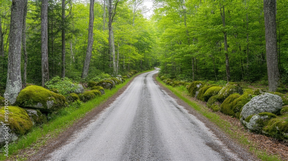 Fototapeta premium A forest road bordered by moss-covered rocks and dense underbrush.
