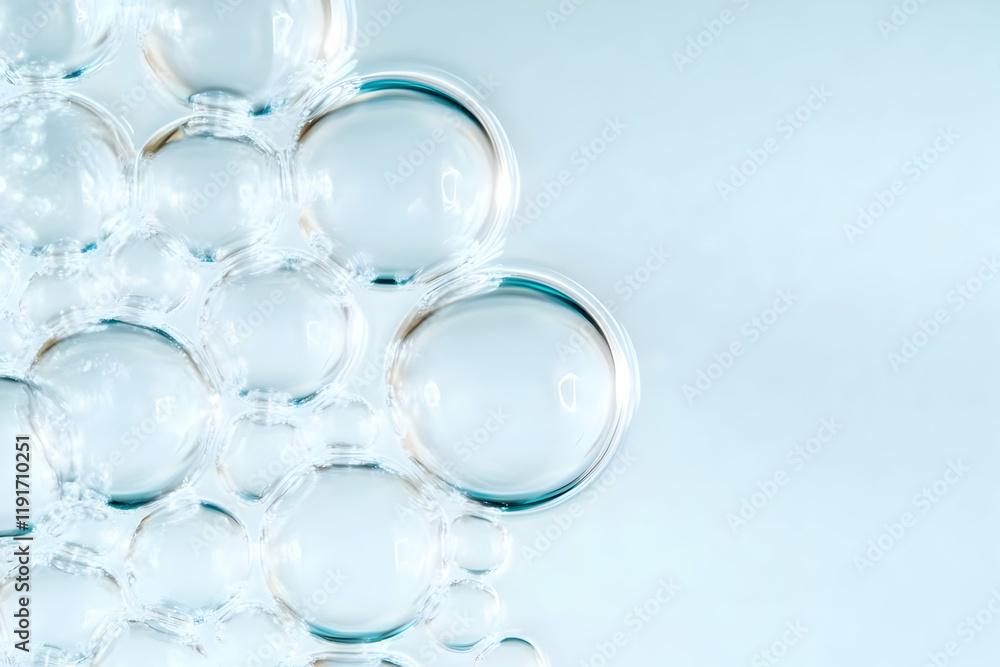 Transparent Bubbles Cluster Together on a Soft Blue Background Transparent Bubbles Cluster Together on a Soft Blue Background