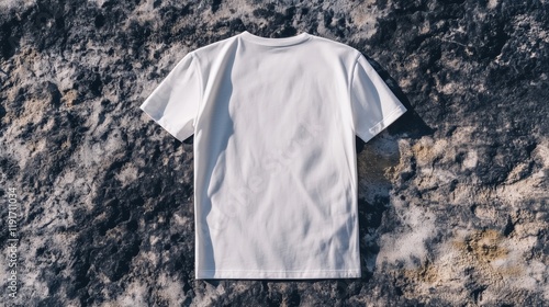 White t-shirt with short sleeves and a crew neck displayed flat on a rough textured concrete surface, creating a rugged and minimalist aesthetic photo