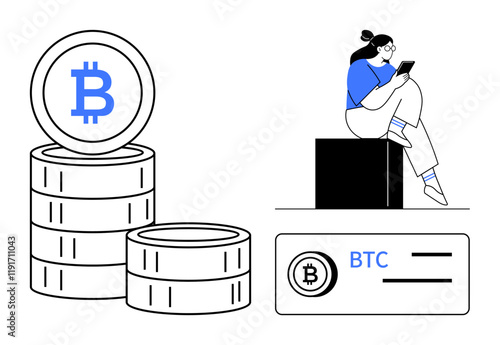 Woman with tablet sitting next to Bitcoin coins, BTC digital wallet interface. Ideal for cryptocurrency, financial tech, digital trading, investment, blockchain, fintech education. Line metaphor