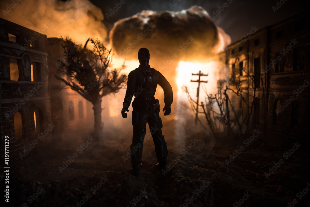 Fototapeta premium Artwork decoration. A man standing on a road of burnt up city. Apocalyptic view of city downtown as disaster film poster concept. Night scene. City destroyed by war.