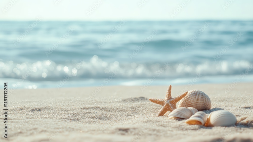 Starfish and seashells are lying on the smooth sand of a beach, with gentle waves rolling in the background on a sunny day, creating a serene and idyllic summer vacation scene Starfish and seashells are lying on the smooth sand of a beach, with gentle waves rolling in the background on a sunny day, creating a serene and idyllic summer vacation scene