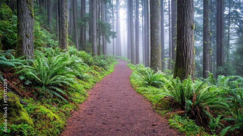 Fototapeta premium A misty trail in a dense rainforest, surrounded by lush ferns and tall trees.