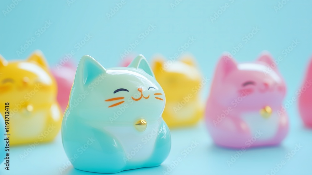 Detailed Closeup of Colorful Maneki Neko Lucky Cat Figurines Detailed Closeup of Colorful Maneki Neko Lucky Cat Figurines