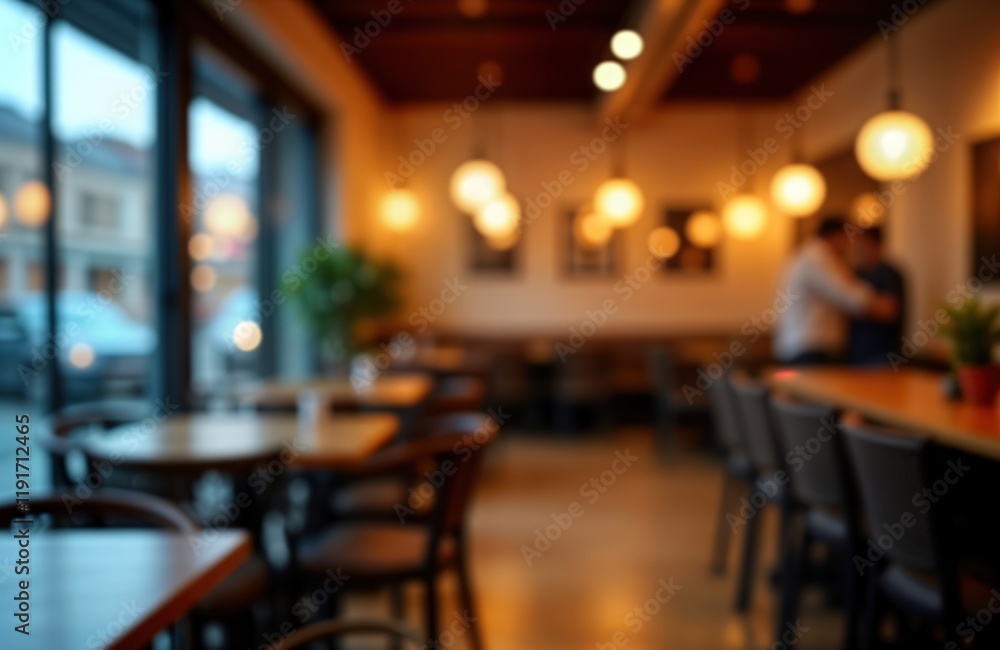 Blurred view of noisy cafe restaurant interior. Tables, chairs visible. People interacting. Warm light ambiance, bokeh effect. Cozy atmosphere perfect for business meetings relaxed dining. Modern Blurred view of noisy cafe restaurant interior. Tables, chairs visible. People interacting. Warm light ambiance, bokeh effect. Cozy atmosphere perfect for business meetings relaxed dining. Modern