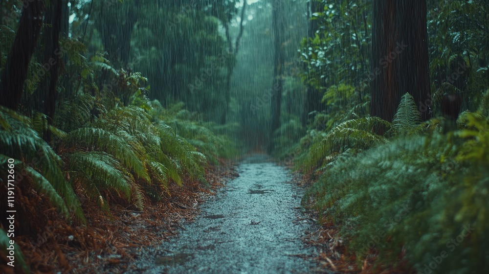 Fototapeta premium A narrow hiking trail in a rainy forest, surrounded by damp ferns and dripping trees.