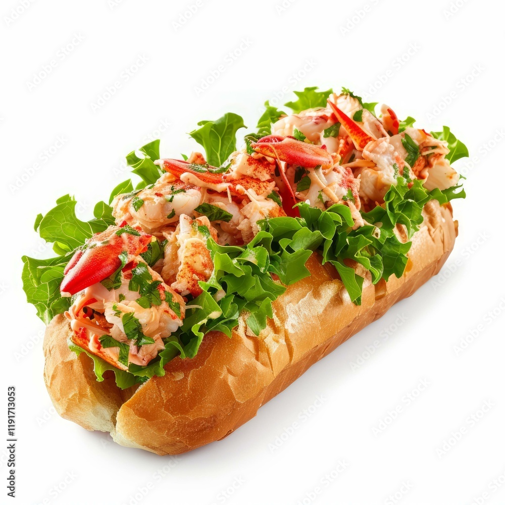 Freshly made lobster roll overflowing with lobster meat, lettuce, and herbs on a toasted roll Freshly made lobster roll overflowing with lobster meat, lettuce, and herbs on a toasted roll