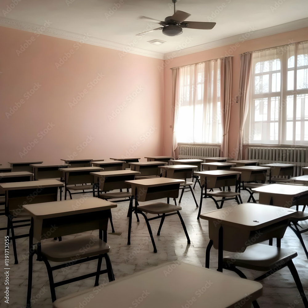 Fototapeta premium Empty Classroom Shows Desks and Chairs Neatly Arranged Under a Ceiling Fan with Soft Sunlight
