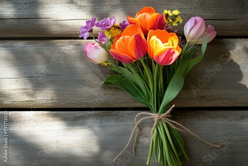 Bouquet of Vibrant Tulips and Wildflowers on Wooden Surface Illuminated by Sunlight for Women's Day Concept