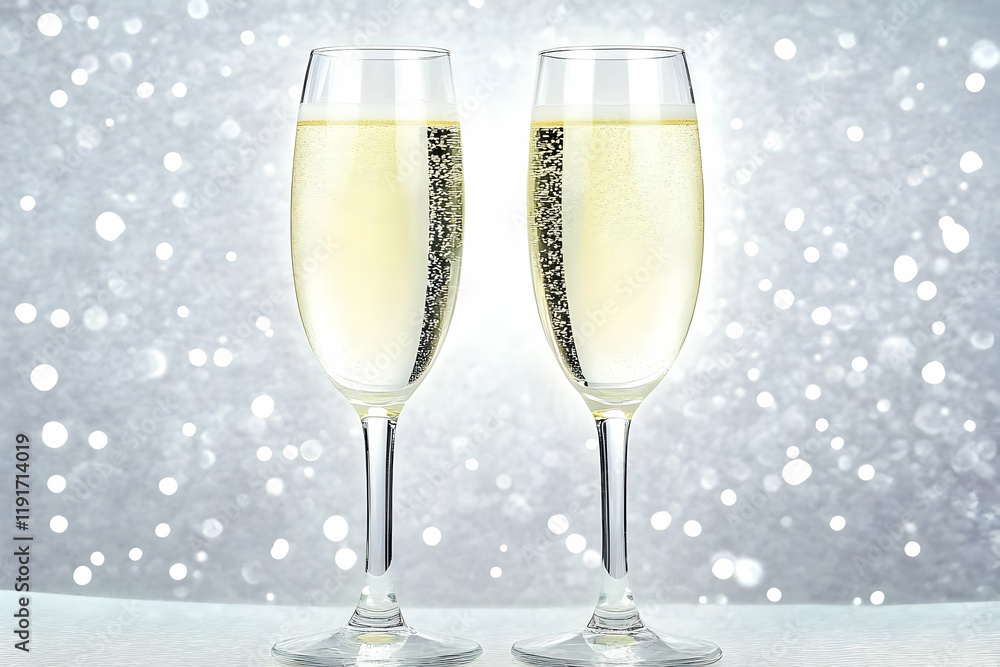 Two Champagne Flutes Filled with Bubbly Liquid Against a Sparkling Silver Background. Two Champagne Flutes Filled with Bubbly Liquid Against a Sparkling Silver Background.