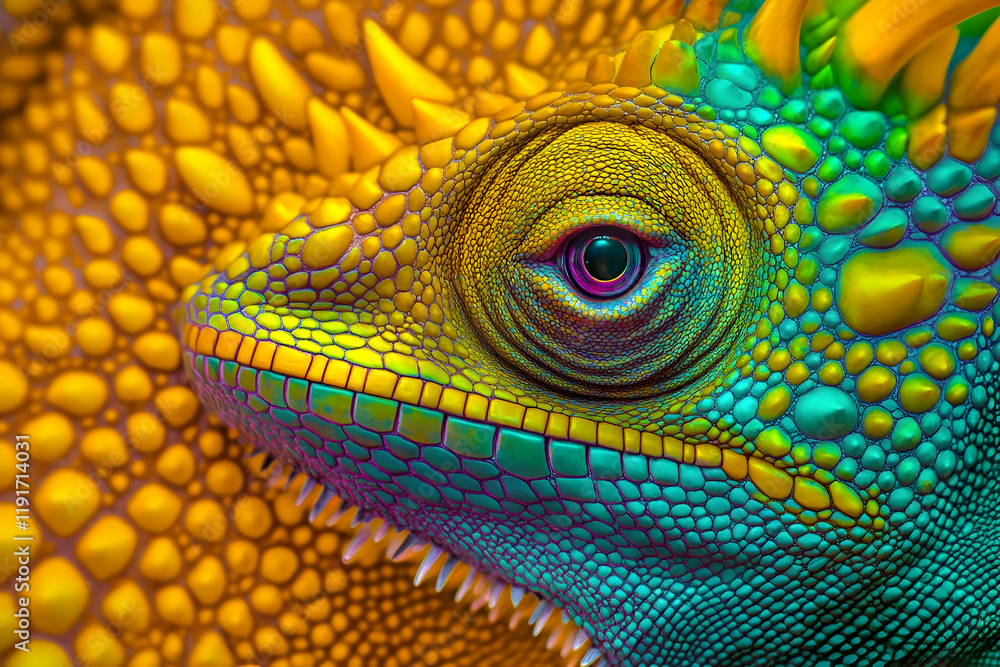 Fototapeta premium Vivid Chameleon Displays Iridescent Scales and Intense Gaze in Close-Up