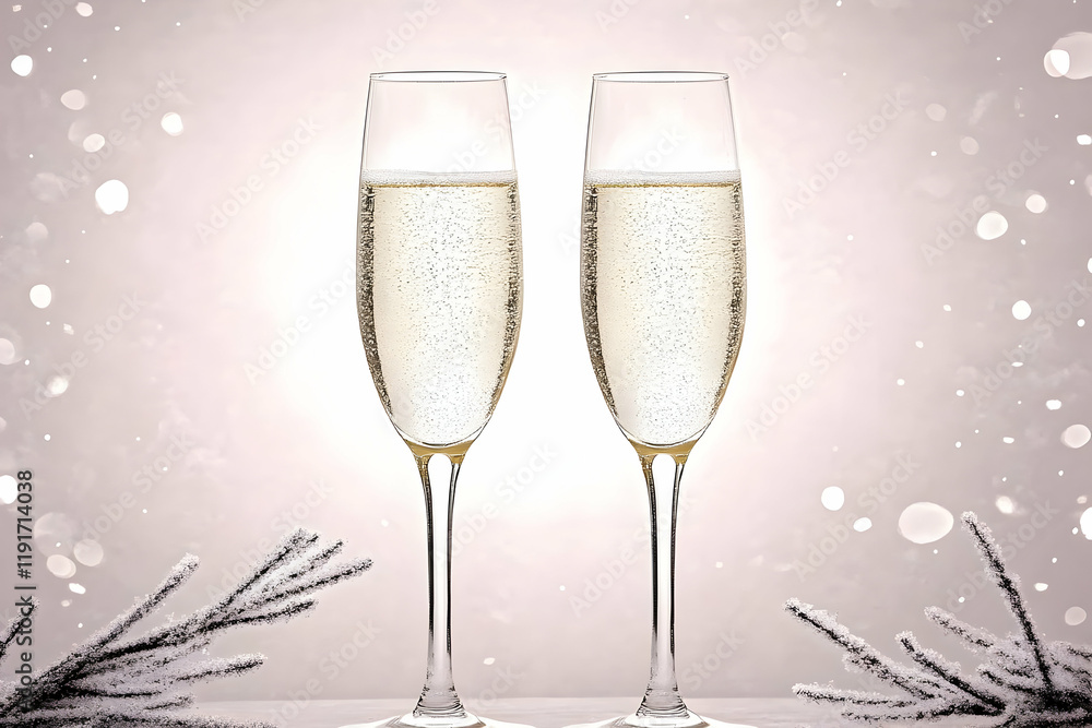 Two Champagne Flutes Filled with Bubbly Elegance and Festive Winter Branches on a Sparkling Background. Two Champagne Flutes Filled with Bubbly Elegance and Festive Winter Branches on a Sparkling Background.
