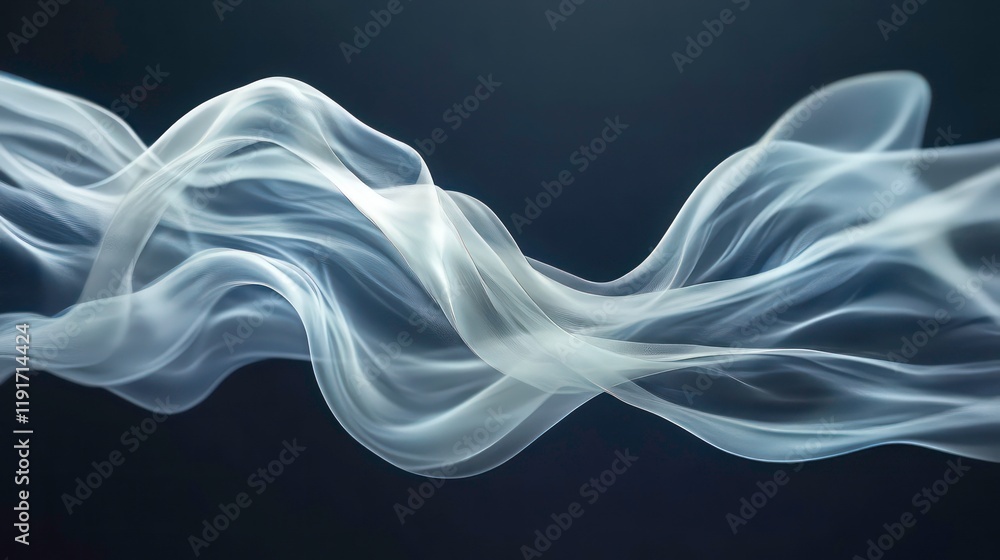 Fototapeta premium Abstract flowing white smoke wave on dark background.
