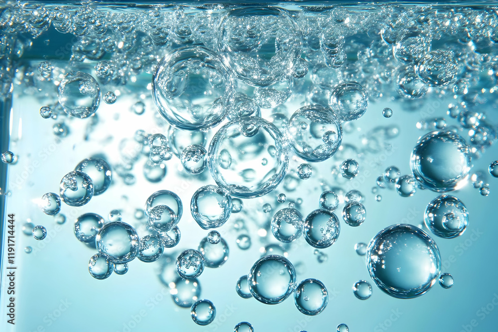 Close-up of Transparent Bubbles Rising in Clear Blue Water with a Soft, Gradient Background Beautifully Close-up of Transparent Bubbles Rising in Clear Blue Water with a Soft, Gradient Background Beautifully