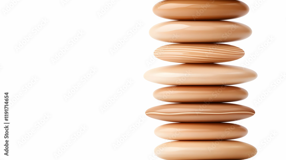 Smooth, Stacked Beige Stones Form a Vertical Tower on a White Background with a Textured Stone.