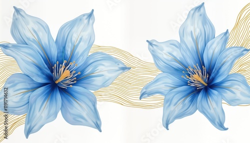 Elegant abstract blue flowers with golden line art. Luxurious watercolor illustration. Intricate floral patterns with soft shades of blue on white background. Modern design for home decor. Suitable