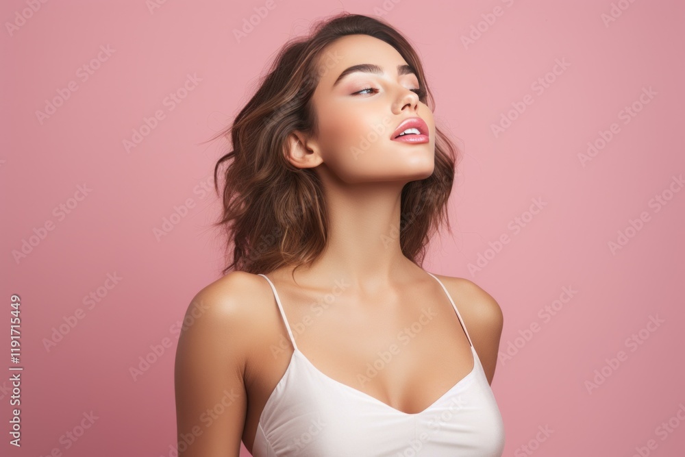 Studio portrait of a beautiful young woman wearing a white top and pink lipstick, posing against a pink background Studio portrait of a beautiful young woman wearing a white top and pink lipstick, posing against a pink background