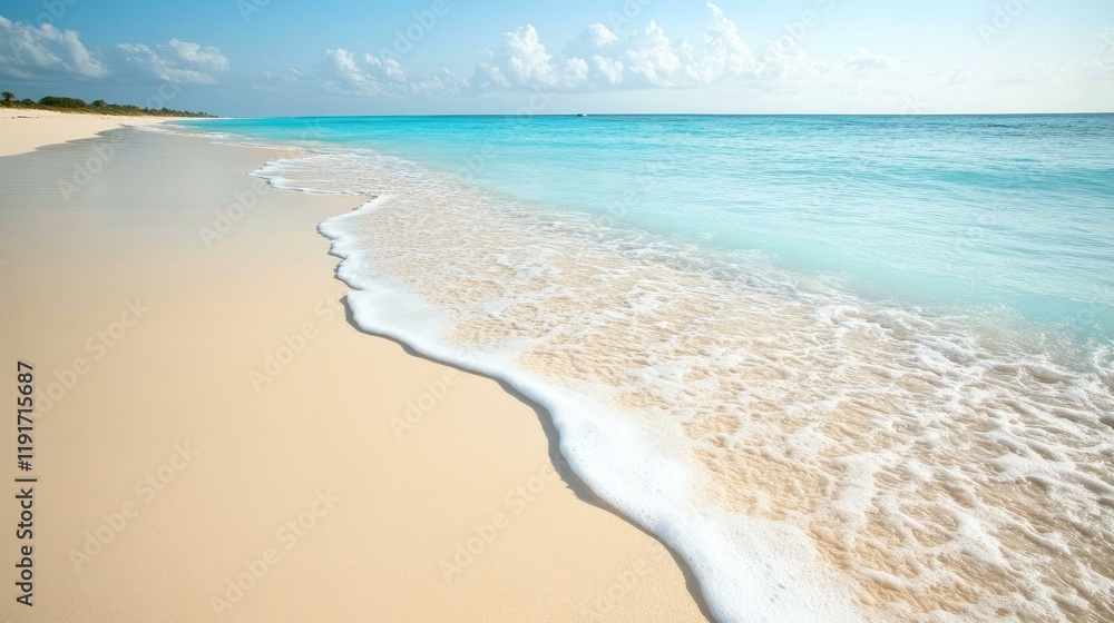 A smooth, untouched beach with soft sand meeting the gentle waves of the ocean under a pale blue sky. A smooth, untouched beach with soft sand meeting the gentle waves of the ocean under a pale blue sky.