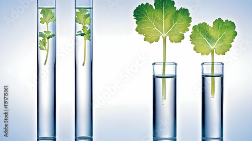 Wallpaper Mural Green Leaves and Stems Immersed in Liquid-Filled Test Tubes in a Laboratory Setting. Torontodigital.ca