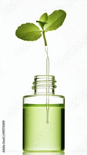 Wallpaper Mural Green Leaf Drips Essence into a Glass Bottle Serenely on a White Backdrop Torontodigital.ca