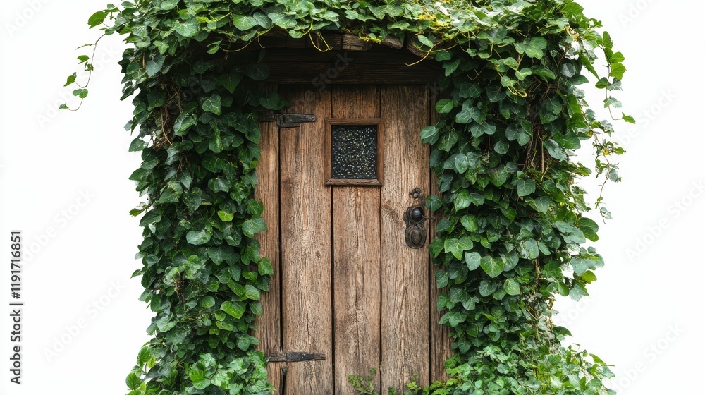 Wooden door, ivy covered, small window. Wooden door, ivy covered, small window.
