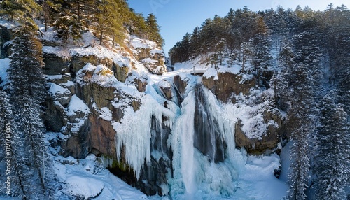 Generated image Aerial perspective of a frozen waterfall cascading down a rugged, snow-covered cliffside