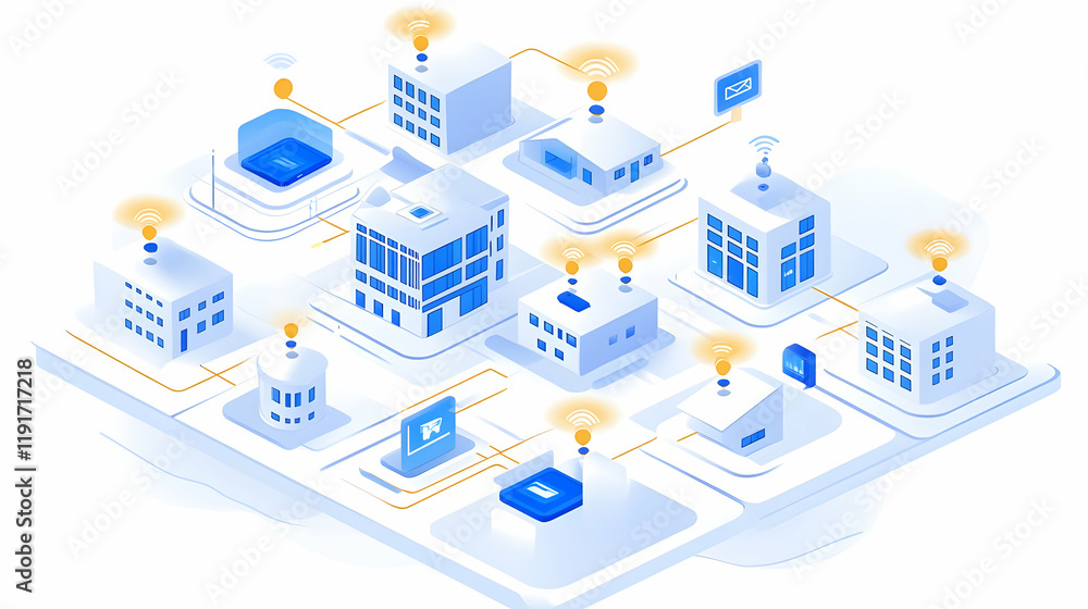 Isometric City Network Illustration Shows Buildings Connected with Wireless Signals and Data Exchange. Isometric City Network Illustration Shows Buildings Connected with Wireless Signals and Data Exchange.