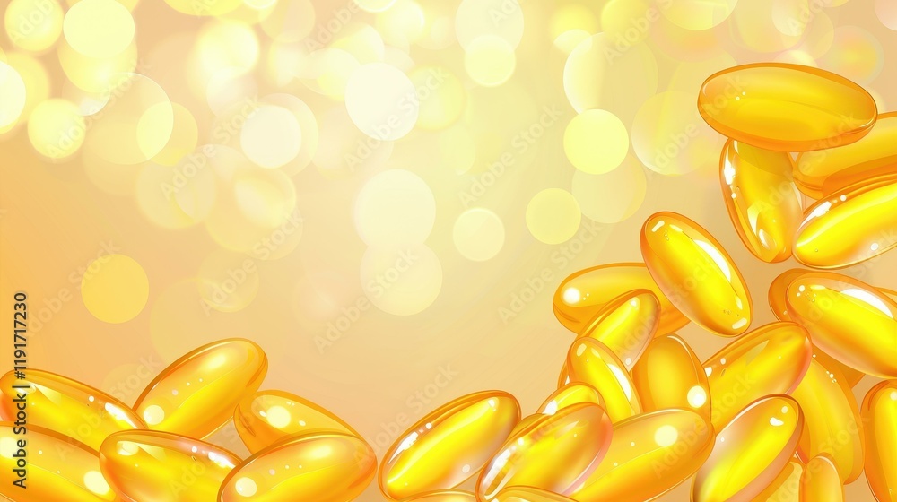 Bright golden bokeh background with omega 3 fish oil capsules showcasing health and wellness in a vibrant way. Bright golden bokeh background with omega 3 fish oil capsules showcasing health and wellness in a vibrant way.