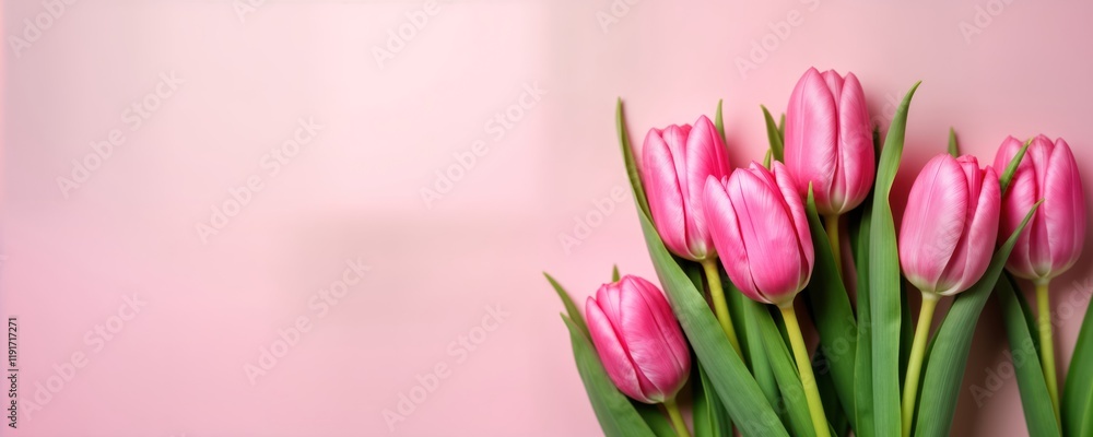 Obraz premium Pink tulips bouquet on pastel pink background. Spring floral arrangement. Flat lay top view. Perfect for spring holidays like Easter Womens Day. Ideal for greeting card, invitation, social media