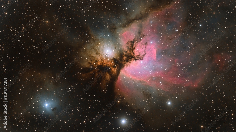 A vast, cosmic landscape where the ground is made of stars, and distant nebulae swirl above in brilliant shades of pink, blue, and green.