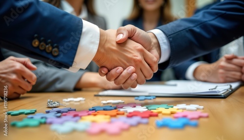 Business people shake hands at meeting. Agreement reached. Labor relations specialist work on contract. Solving conflict vital for harmonious employer-employee relations. Negotiation process photo