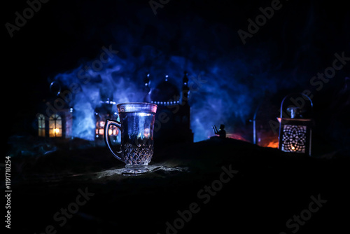 A realistic Arabian interior miniature with window and columns. Meals are served before sunrise called Suhur. Festive greeting card, invitation for Muslim holy month Ramadan Kareem. photo