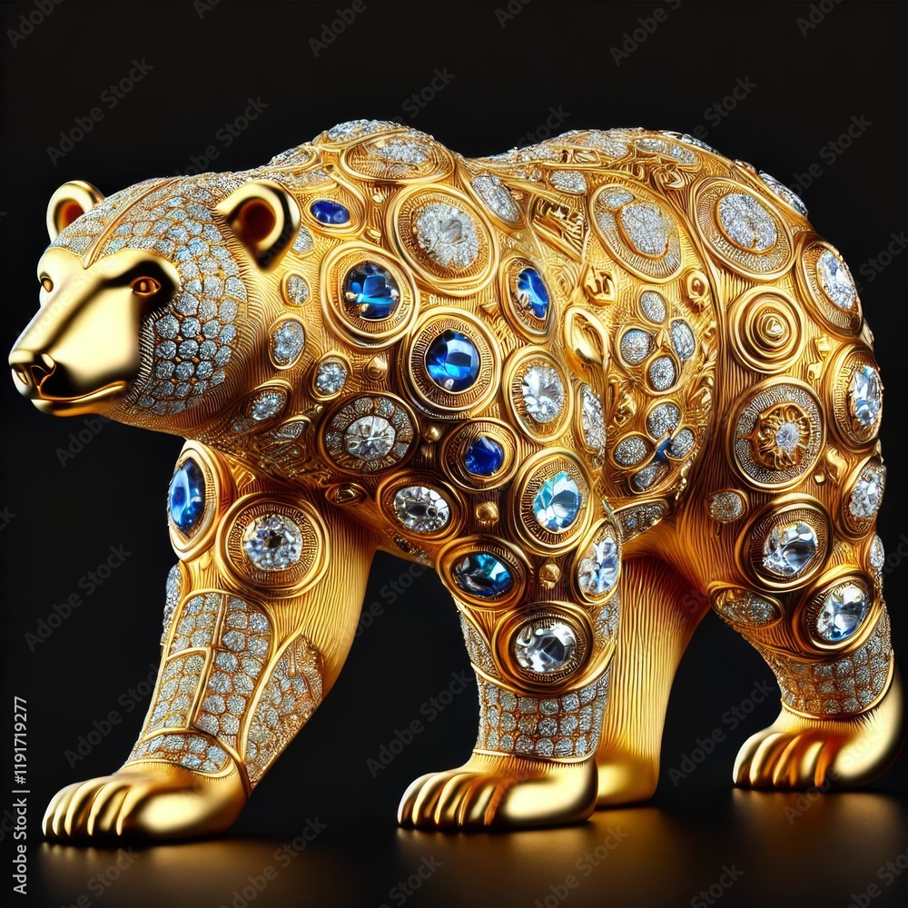Obraz premium Jewelry Glowing Gold Bear Treasure Illustration. Amazing Lace Decoration for Greeting Card Invitation Design. Rich Luxury Glowing Shiny Diamond Brilliant Bear Animal Stone Jawel.