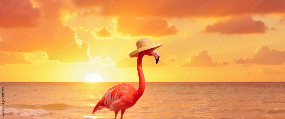 Fototapeta premium Flamingo wearing sun hat stands in shallow water at sunset, humor