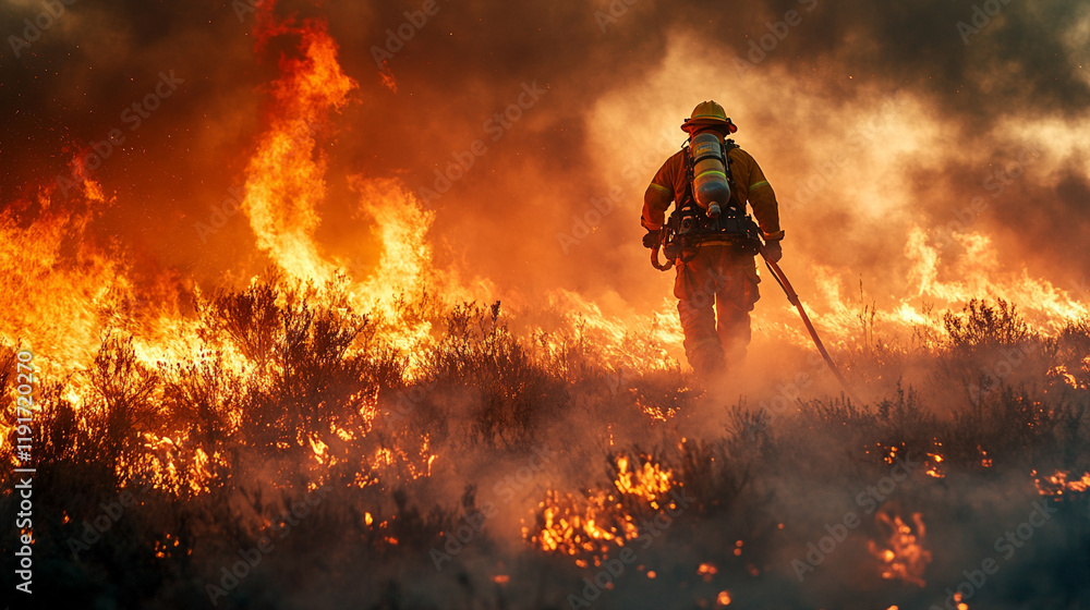 A courageous firefighter from the back battles a raging forest fire in the hills using hoses and equipment surrounded by thick smoke, flames, and rugged terrain with a blurred caption space A courageous firefighter from the back battles a raging forest fire in the hills using hoses and equipment surrounded by thick smoke, flames, and rugged terrain with a blurred caption space
