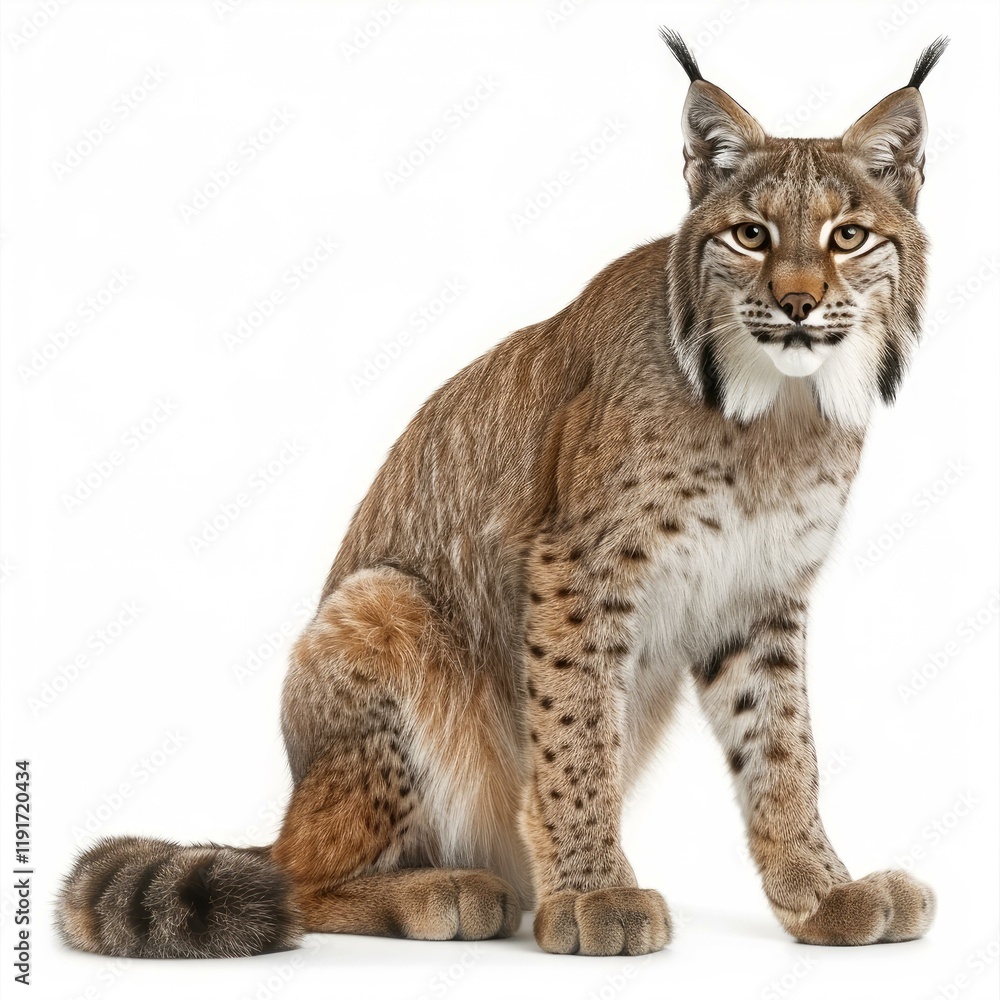 Studio shot of a eurasian lynx sitting against white background Studio shot of a eurasian lynx sitting against white background