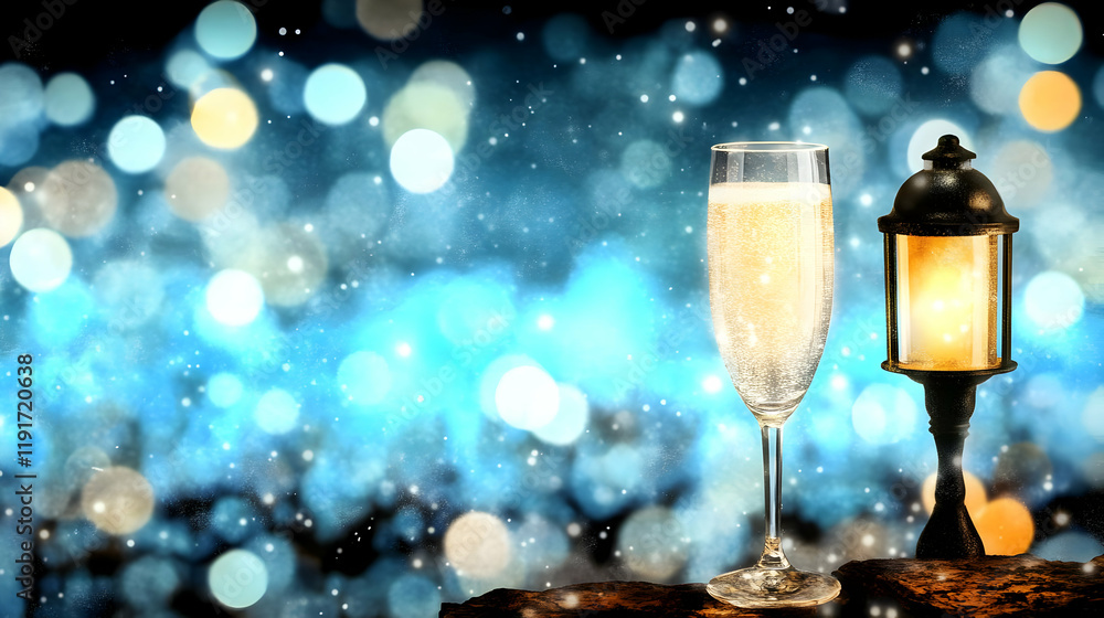 Champagne Flute and Lantern Glow Elegantly Against Festive Bokeh Background with Gentle Snowfall Champagne Flute and Lantern Glow Elegantly Against Festive Bokeh Background with Gentle Snowfall