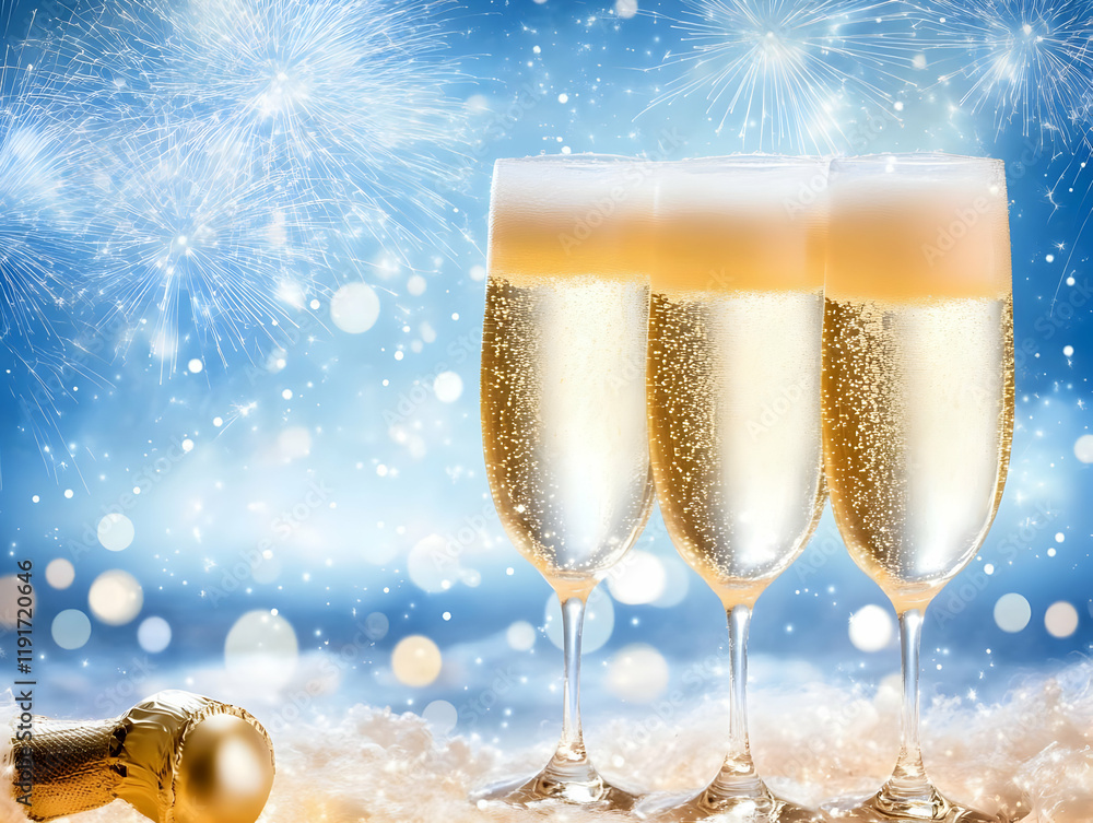 Three Champagne Flutes Sparkle Under Festive Fireworks with Golden Bottle Neck and Sparkling Celebration Background. Three Champagne Flutes Sparkle Under Festive Fireworks with Golden Bottle Neck and Sparkling Celebration Background.